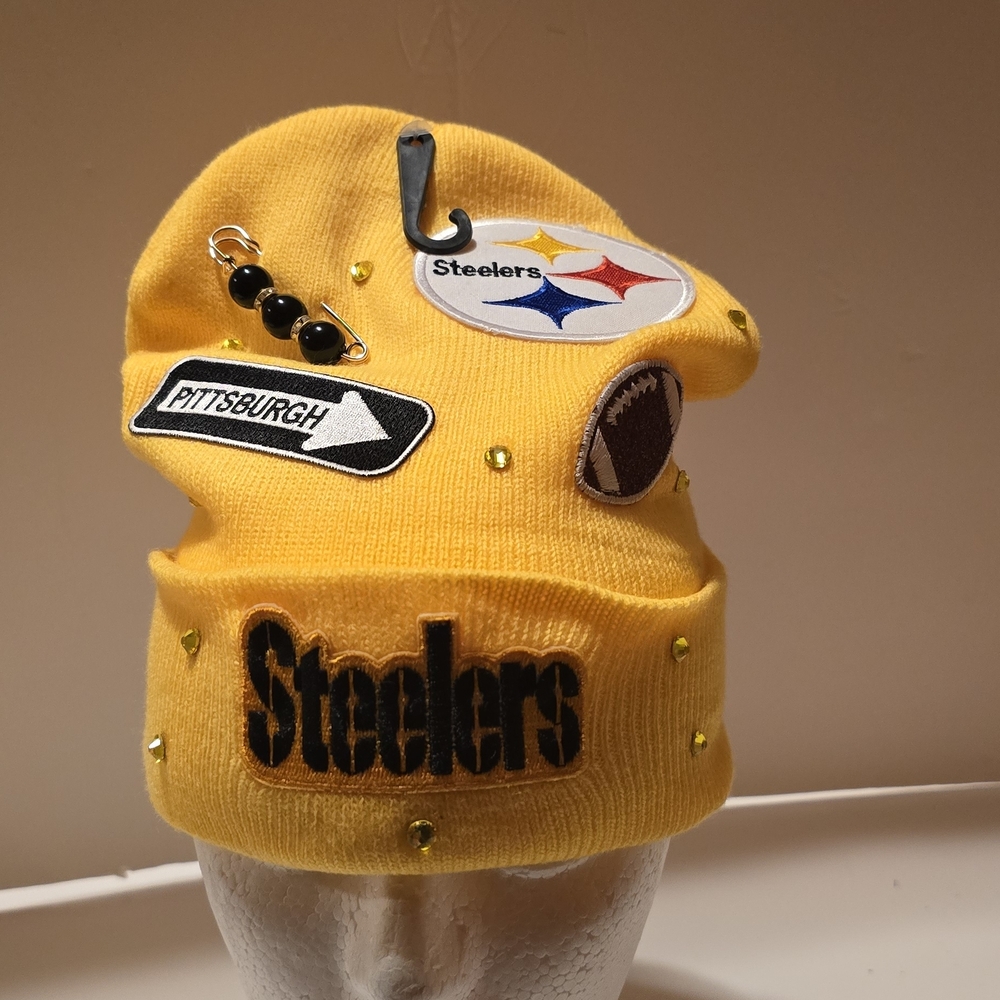 Customized Yellow Beanie with Fun Patches, Unisex hats, sports theme hat,